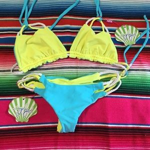 Reversible blue and yellow braided bikini